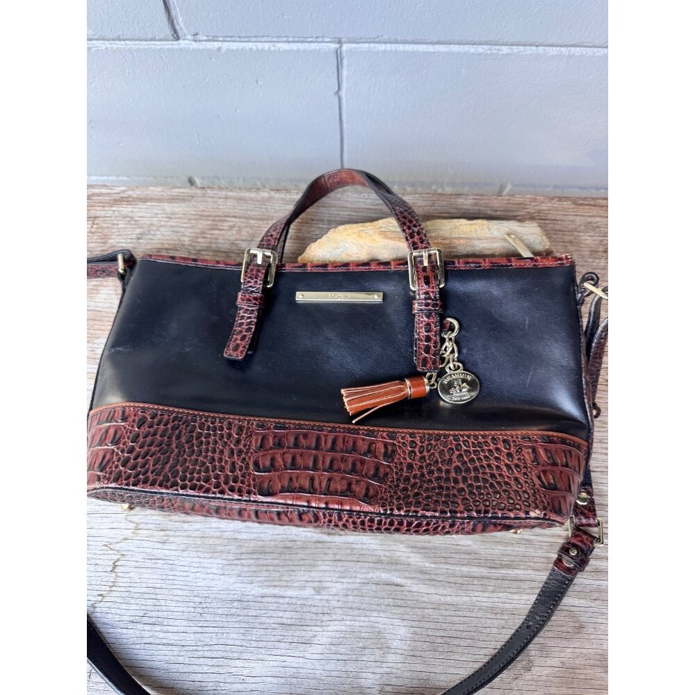 Brahmin Leather Satchel Shoulder Crossbody Bag Black Brown Croc Embossed Zip Top - Picture 1 of 9